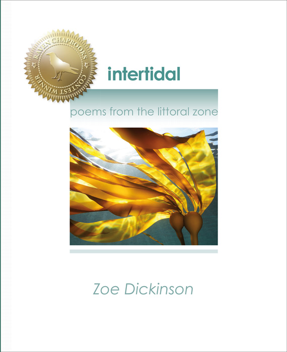 Cover of "intertidal: poems from the littoral zone"; white with teal text and an underwater photo of kelp