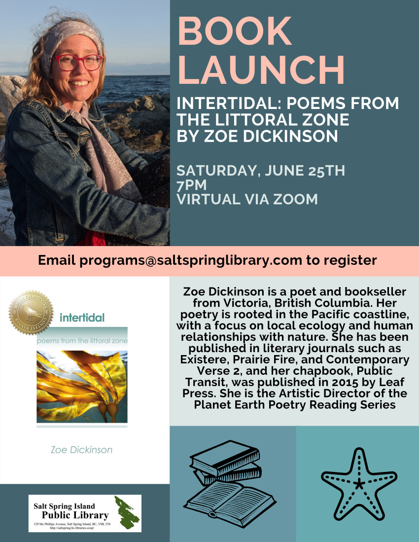 launch poster including photo of Zoe, cover of book, and bio of Zoe